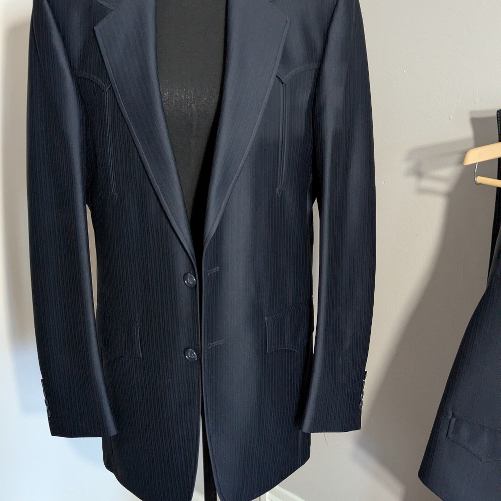 Blue Pinstripes Western Suit with vest. Size 34